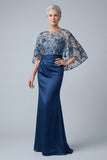 Floral Navy Sparkly Sequin Mermaid Long Ruched Mother of the Bride Dress