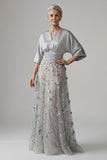 A Line Floral Sparkly Silver Sequin Long Mother of the Bride Dress