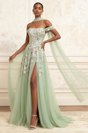 Off The Shoulder Dusty Sage A-Line Sequins Embroidered Long Prom Dress with Slit