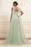 Off The Shoulder Dusty Sage A-Line Sequins Embroidered Long Prom Dress with Slit