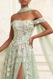 Off The Shoulder Dusty Sage A-Line Sequins Embroidered Long Prom Dress with Slit