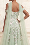 Off The Shoulder Dusty Sage A-Line Sequins Embroidered Long Prom Dress with Slit