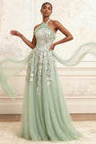 Dusty Sage A-Line Halter Sequins Embroidered Tulle Long Prom Dress