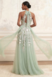 Dusty Sage A-Line Halter Sequins Embroidered Tulle Long Prom Dress