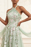 Dusty Sage A-Line Halter Sequins Embroidered Tulle Long Prom Dress