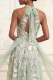 Dusty Sage A-Line Halter Sequins Embroidered Tulle Long Prom Dress