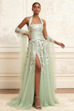 Dusty Sage A-Line Halter Neck Tulle Floral Embroidered Long Prom Dress with Slit