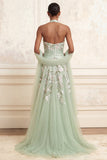 Dusty Sage A-Line Halter Neck Tulle Floral Embroidered Long Prom Dress with Slit