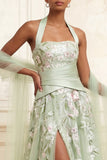 Dusty Sage A-Line Halter Neck Tulle Floral Embroidered Long Prom Dress with Slit