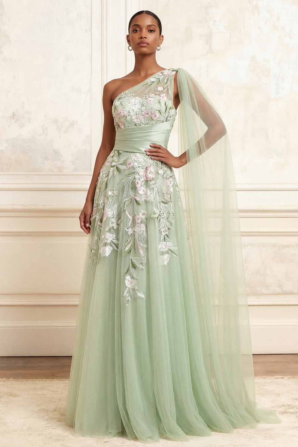 floral one shoulder prom dress One Shoulder Floral Embroidered Gown