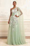 One Shoulder Dusty Sage A-Line Sequins Tulle Long Prom Dress with Embroidery
