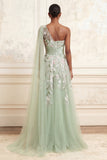 One Shoulder Dusty Sage A-Line Sequins Tulle Long Prom Dress with Embroidery
