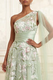 One Shoulder Dusty Sage A-Line Sequins Tulle Long Prom Dress with Embroidery