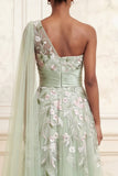 One Shoulder Dusty Sage A-Line Sequins Tulle Long Prom Dress with Embroidery