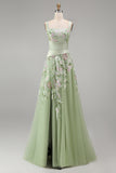 A-Line Square Neck Dusty Sage Tulle Floral Embroidered Long Prom Dress with Slit
