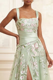 A-Line Square Neck Dusty Sage Tulle Floral Embroidered Long Prom Dress with Slit