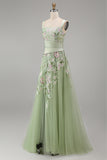 A-Line Square Neck Dusty Sage Tulle Floral Embroidered Long Prom Dress with Slit