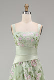 A-Line Square Neck Dusty Sage Tulle Floral Embroidered Long Prom Dress with Slit