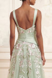 A-Line Square Neck Dusty Sage Tulle Floral Embroidered Long Prom Dress with Slit