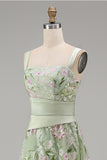 A-Line Square Neck Dusty Sage Tulle Floral Embroidered Long Prom Dress with Slit