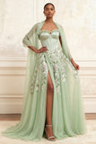 Strapless Dusty Sage A-Line Sequins Tulle Embroidered Long Prom Dress with Slit