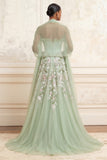 Strapless Dusty Sage A-Line Sequins Tulle Embroidered Long Prom Dress with Slit