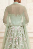 Strapless Dusty Sage A-Line Sequins Tulle Embroidered Long Prom Dress with Slit