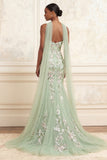 Dusty Sage Strapless Mermaid Sequins Tulle Embroidered Long Prom Dress