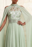 A-Line Halter Neck Dusty Sage Tulle Floral Embroidered Beaded Long Prom Dress with Cape