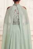 A-Line Halter Neck Dusty Sage Tulle Floral Embroidered Beaded Long Prom Dress with Cape