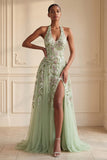 Dusty Sage Halter Sequins A Line Embroidered Tulle Long Prom Dress with Slit