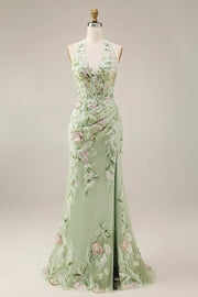 Dusty Sage Halter Sheer Corset Sheath Embroidered Long Prom Dress with Slit