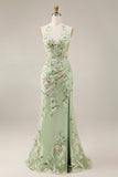 Dusty Sage Halter Sheer Corset Sheath Embroidered Long Prom Dress with Slit