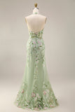 Dusty Sage Halter Sheer Corset Sheath Embroidered Long Prom Dress with Slit