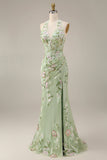Dusty Sage Halter Sheer Corset Sheath Embroidered Long Prom Dress with Slit