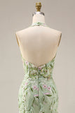 Dusty Sage Halter Sheer Corset Sheath Embroidered Long Prom Dress with Slit