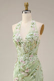 Dusty Sage Halter Sheer Corset Sheath Embroidered Long Prom Dress with Slit