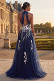 Navy Halter Embroidered Tulle A Line Long Prom Dress with Slit