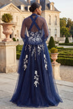 Glitter Navy Halter Floral A Line Side Slit Long Prom Dress with Wrap