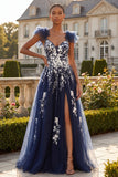 Navy Floral A Line V-Neck Ruffle Sleeves Tulle Long Prom Dress with Slit