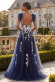 Navy Floral A Line V-Neck Ruffle Sleeves Tulle Long Prom Dress with Slit