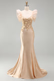 Blush Mermaid Corset Satin V-Neck Long Prom Dress with 3D Flowers