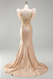 Blush Mermaid Corset Satin V-Neck Long Prom Dress with 3D Flowers