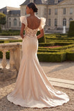 Blush Mermaid Corset Satin V-Neck Long Prom Dress with 3D Flowers
