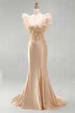 Blush Mermaid Corset Satin V-Neck Long Prom Dress with 3D Flowers