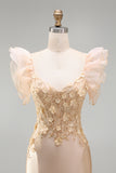 Blush Mermaid Corset Satin V-Neck Long Prom Dress with 3D Flowers
