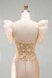Blush Mermaid Corset Satin V-Neck Long Prom Dress with 3D Flowers