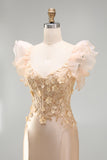 Blush Mermaid Corset Satin V-Neck Long Prom Dress with 3D Flowers