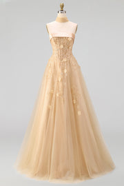 Blush Corset A Line Strapless 3D Flowers Long Tulle Prom Dress with a Neck Scarf