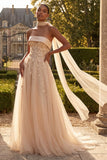 Strapless Blush Corset A Line 3D Flowers Long Tulle Prom Dress with a Neck Scarf